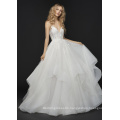 Dimensional Floral Beading and Embroidery Creme Embellished Tulle Wedding Dress with Rhinestone Beaded Strap